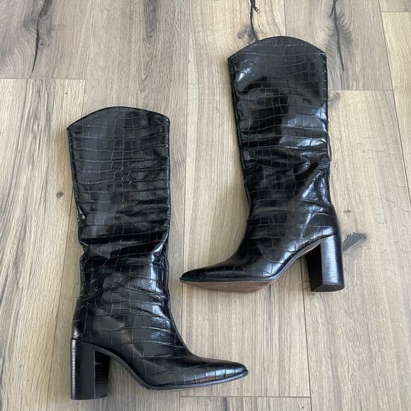 Schutz Analeah Lizard Embossed Knee High Boots Black Size 8.5 Block Heel - Picture 2 of 10